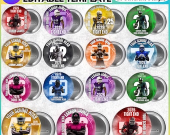 May include: A collection of 20 football pin buttons with various designs. Each button features a football player graphic, the text "2026 TIGHT END", and the name "Lebron James". The buttons have a metallic silver border and are labeled "Your School Hear".