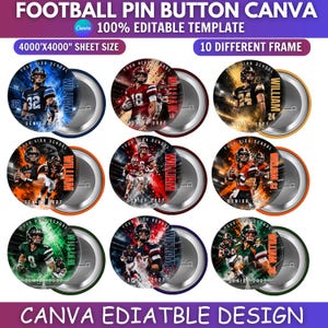 Può includere: Un modello digitale per spille da football con 10 design circolari che mostrano giocatori in uniforme, sfondi di stadi e il testo 'YOUR HIGH SCHOOL', 'WILLIAM' e 'SENIOR 2027'. Il layout è di 4000x4000 pixel.