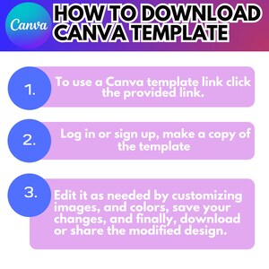 May include: A graphic with instructions on how to download a Canva template. The title reads "HOW TO DOWNLOAD CANVA TEMPLATE". Steps include clicking a link, logging in, and editing the template. The background has a gradient of purple and blue.
