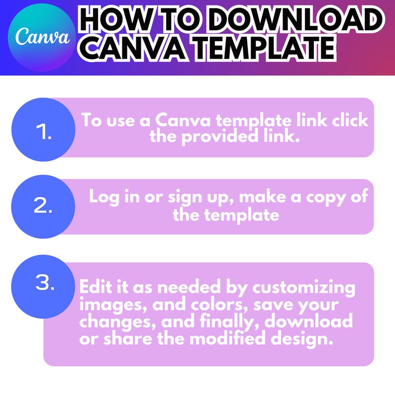 May include: A graphic with instructions on how to download a Canva template. The title reads "HOW TO DOWNLOAD CANVA TEMPLATE". Steps include clicking a link, logging in, and editing the template. The background has a gradient of purple and blue.