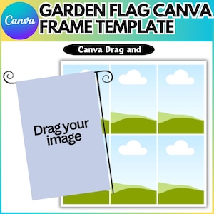 May include: A template for a garden flag with a light blue background and the text "Drag your image" in black. The template is divided into six sections, with a green hill and a white cloud in each section. The text "Canva Drag and" is at the top of the template.