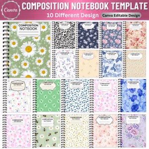 May include: A digital collection of 10 spiral-bound composition notebook templates featuring various patterns including daisies, soccer balls, floral prints, butterflies, and bees. Each notebook cover includes a white label with the text COMPOSITION NOTEBOOK.