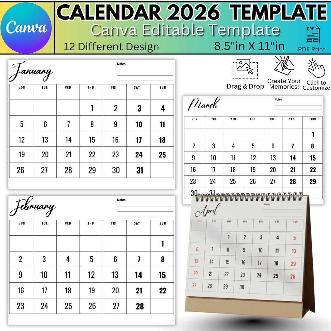 2026 Canva Calendar Template, Editable Monthly Calendar, Family ...