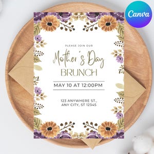 Carte d'invitation pour le brunch fête des mères, modèle modifiable sur toile, carte pivoine personnalisée, invitation au brunch fleurs, téléchargement numérique