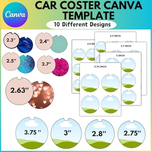 May include: A set of 10 different car coaster designs in various sizes, including 2.3 inches, 2.4 inches, 2.5 inches, 2.63 inches, 2.7 inches, 2.75 inches, 2.8 inches, 3 inches, and 3.75 inches. The coasters feature a variety of designs, including abstract patterns, floral designs, and landscape scenes.