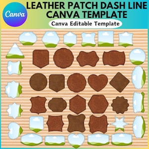 Könnte beinhalten: Ein Satz von 30 braunen Leder-Patch-Formen mit einem gestrichelten Linienrand. Die Formen umfassen Kreise, Quadrate, Rechtecke, Herzen, Sterne und mehr. Die Formen befinden sich auf einem Holzmaserungshintergrund.