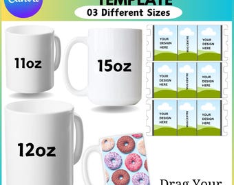 Modelli di tazze Canva da 11 oz, 12 oz, 15 oz, modello di tazza, modello di tazze per sublimazione, file modificabili Canva, trascina e rilascia Canva, tazza completamente avvolgente