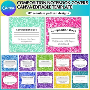 Peut inclure: Plusieurs couvertures de cahiers de composition avec divers motifs sans couture colorés. Chaque couverture affiche le texte "Composition Book" et des détails sur les feuilles et les pages. L'image comprend également le texte "Canva Editable Template".