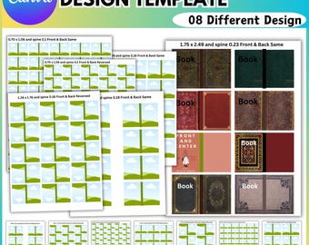May include: A Canva design template for mini books. The image shows various layouts, including templates with photo placeholders and different book cover designs. The text includes "MINI BOOK CANVA FRAME DESIGN TEMPLATE" and "08 Different Design".