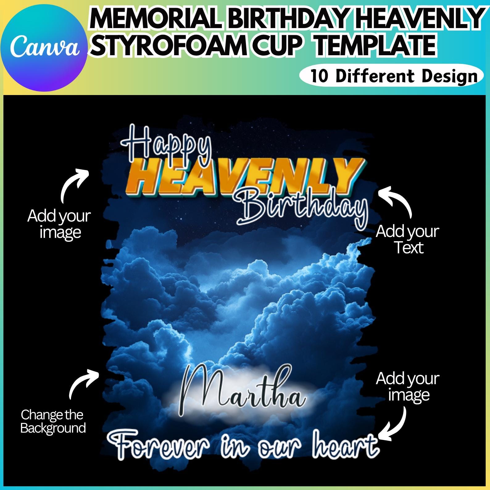 Heavenly Birthday Cup Sticker Canva Editable Template, Heavenly ...