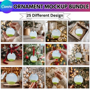 May include: A mockup bundle of round Christmas ornaments with a light blue sky and green landscape design. The ornaments are displayed in various settings, including on a Christmas tree and held by hands. The text "Canva ORNAMENT MOCKUP BUNDLE" is at the top.