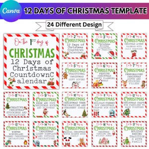 May include: A Canva template with 24 different Christmas designs. Each design features a festive theme, including countdown calendars, gift ideas, party planning, and family activities. The designs are in red, green, and white.