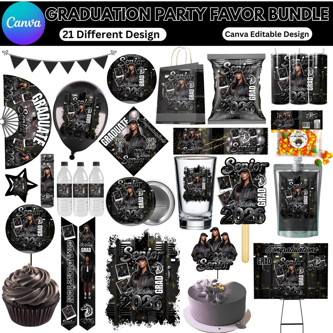 Graduation 2026 Canva Black Bundle Template | Editable Grad Kit | Class ...