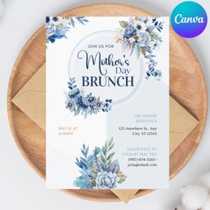 Carte d'invitation pour le brunch fête des mères, modèle modifiable sur toile, carte pivoine personnalisée, invitation au brunch fleurs, téléchargement numérique