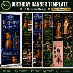 May include: A digital birthday banner template collection featuring 10 distinct designs with gold and blue accents. Each layout includes placeholders for photos and customizable text such as Happy Birthday Queen, names like Jessica, Sophia, and Aaliyah.