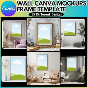 Könnte beinhalten: Mockup von sechs verschiedenen Wandleinwandrahmen mit einem einfachen Landschaftsdesign. Die Rahmen befinden sich in verschiedenen Umgebungen, darunter ein Wohnzimmer, ein Schlafzimmer und ein Büro. Die Rahmen sind alle rechteckig und haben einen weißen Hintergrund. Das Landschaftsdesign ist ein einfacher grüner Hügel mit blauem Himmel und einer weißen Wolke.