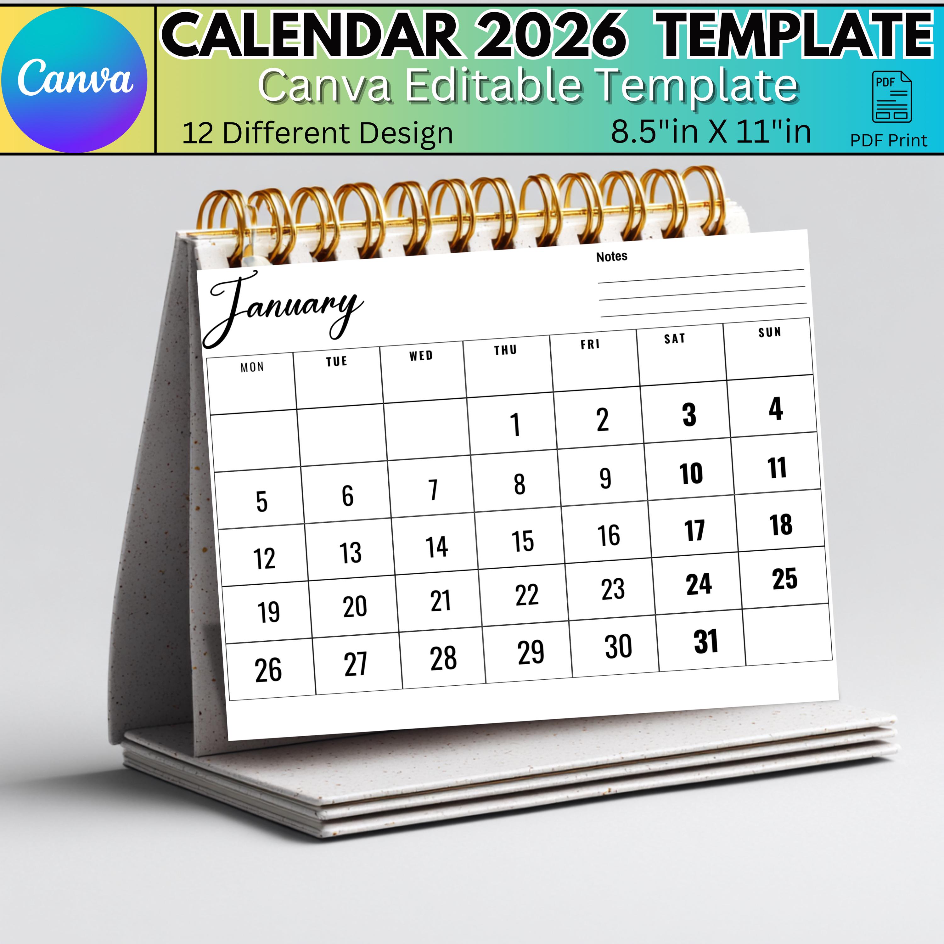 2026 Canva Calendar Template, Editable Monthly Calendar, Family ...