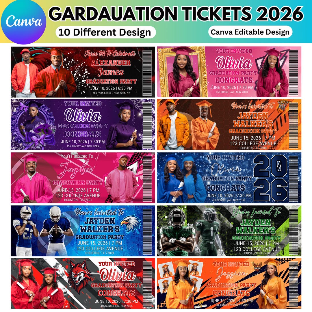 Graduation Ticket Template Bundle, Editable Canva Grad Party Tickets ...