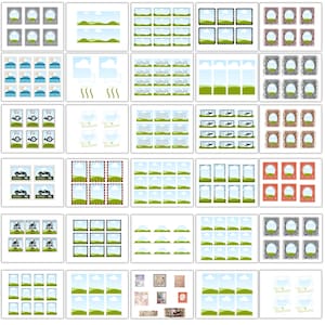 May include: A collection of postage stamps with various designs. Some stamps feature landscapes with green fields and blue skies, while others showcase vintage cars, airplanes, and decorative frames. The stamps are in different colors and shapes.