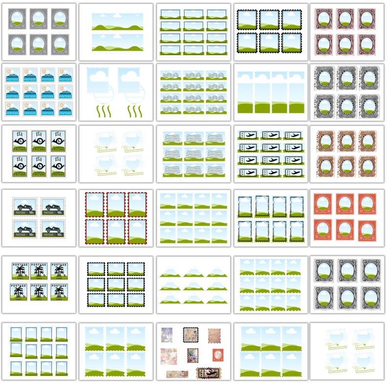 May include: A collection of postage stamps with various designs. Some stamps feature landscapes with green fields and blue skies, while others showcase vintage cars, airplanes, and decorative frames. The stamps are in different colors and shapes.