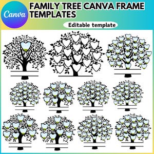 May include: Set of nine black and white family tree templates with heart-shaped leaves. Each template features a different number of hearts for family members. The templates are editable and can be used to create a personalized family tree.