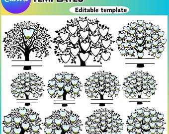 Marcos de Canva con forma de árbol genealógico: diseña tu propio collage de fotos de árbol genealógico en Canva. Plantilla de collage editable. Arrastra y suelta fotos. Collage familiar.