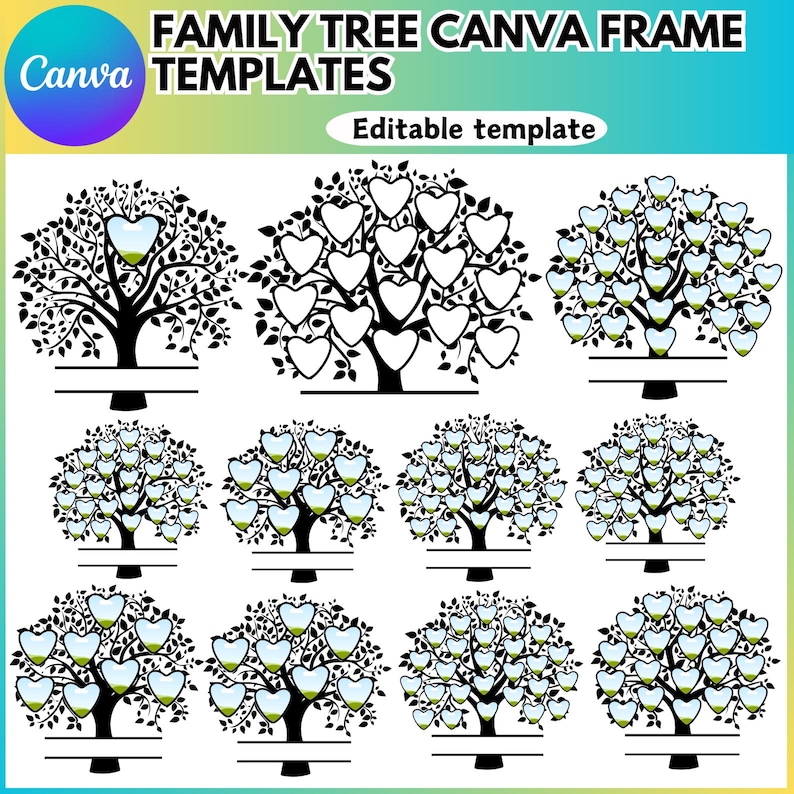 Pu&ograve; includere: Set di nove modelli di albero genealogico in bianco e nero con foglie a forma di cuore. Ogni modello presenta un numero diverso di cuori per i membri della famiglia. I modelli sono modificabili e possono essere utilizzati per creare un albero genealogico personalizzato.