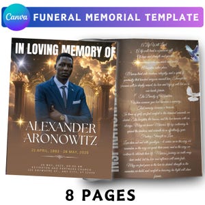 Può includere: Un modello di memoriale funebre con una foto di un uomo in giacca e cravatta, con il testo "In Loving Memory Of Alexander Aronowitz". Il modello include date, un indirizzo della chiesa e una poesia. Il design è un modello Canva di 8 pagine.