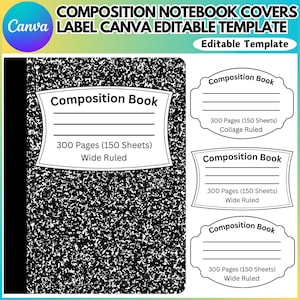 Può includere: Una copertina di quaderno di composizione con un motivo maculato in bianco e nero. La copertina presenta un'etichetta bianca con il testo "Composition Book", "300 Pages (150 Sheets)" e "Wide Ruled". Sono mostrati anche altri modelli di etichette.