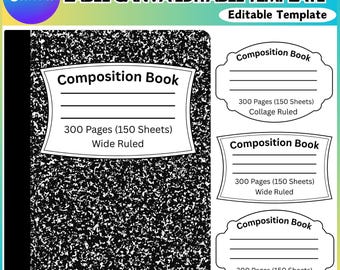 Editable Composition Book Cover Template, Notebook Label Design, Digital Download, Composition Pattern, Teacher Gift, Printable Template
