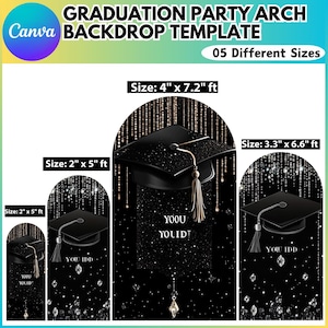 Könnte beinhalten: Fünf verschiedene Größen von Hintergrundvorlagen für einen Abschlussfeier-Torbogen. Die Hintergründe zeigen eine schwarze Abschluss-Kappe mit goldenem Glitzer und den Text "You Did It" in goldenem Glitzer. Die Hintergründe sind mit goldenem und silbernem Glitzer und Diamanten verziert.