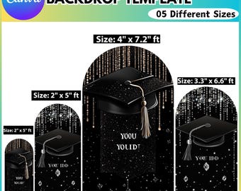 May include: Five graduation party arch backdrop templates in different sizes. The backdrops feature a black graduation cap with gold glitter and the text "You Did It" in gold glitter. The backdrops are decorated with gold and silver glitter and diamonds.