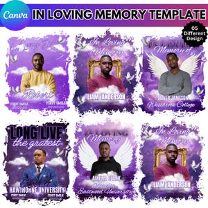 May include: A template design with the text "IN LOVING MEMORY TEMPLATE" in purple. The design includes photos of people, text with names, and phrases like "In Loving Memory" and "Long Live the Greatest".