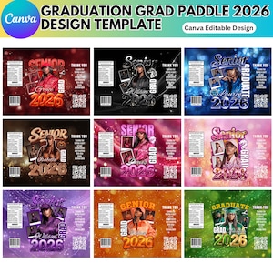 May include: A collection of graduation paddle design templates with the text "GRADUATION GRAD PADDLE 2026 DESIGN TEMPLATE". Each design features a photo, the word "Senior" or "Graduate", the year "2026", and a QR code.