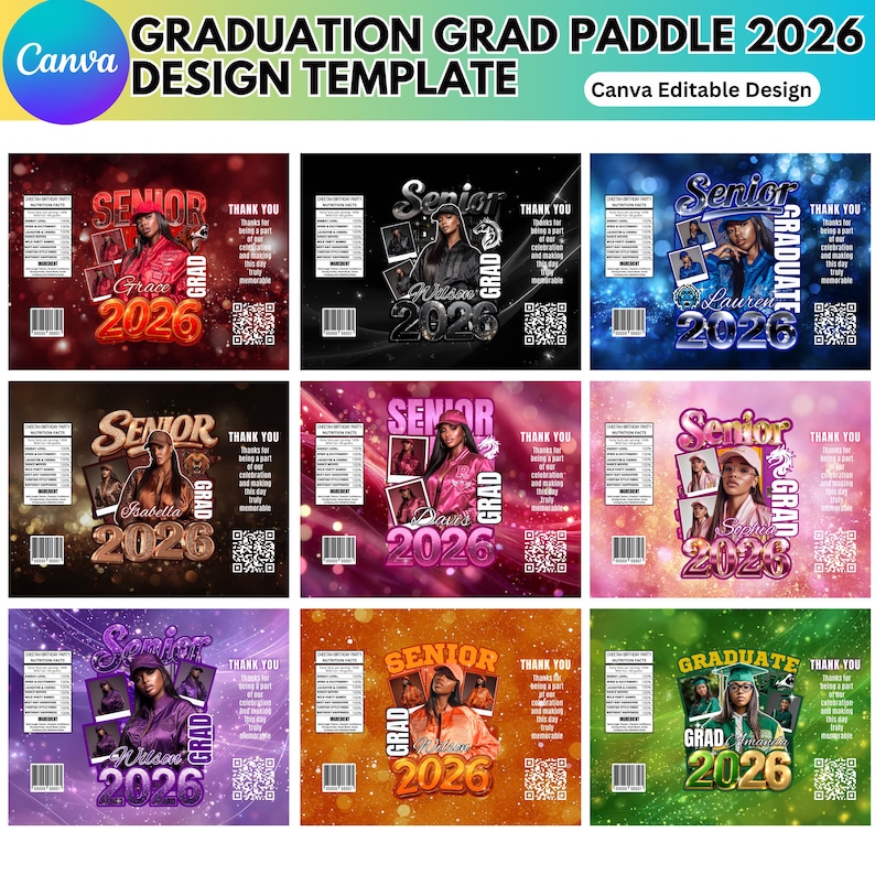 May include: A collection of graduation paddle design templates with the text "GRADUATION GRAD PADDLE 2026 DESIGN TEMPLATE". Each design features a photo, the word "Senior" or "Graduate", the year "2026", and a QR code.