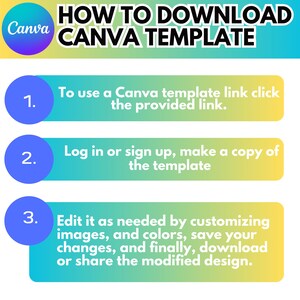 May include: A graphic with instructions on how to download a Canva template. The title reads "HOW TO DOWNLOAD CANVA TEMPLATE". Steps include clicking the link, logging in, and editing the template. The background transitions from blue to yellow.