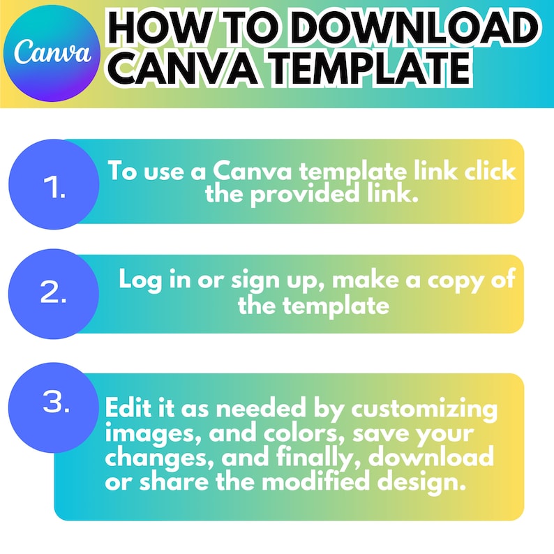 May include: A graphic with instructions on how to download a Canva template. The title reads "HOW TO DOWNLOAD CANVA TEMPLATE". Steps include clicking the link, logging in, and editing the template. The background transitions from blue to yellow.