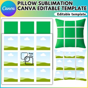 Könnte beinhalten: Eine digitale Vorlage für die Kissensublimation, die ein grünes Kissendesign mit weißen Gitterlinien zeigt. Das Bild enthält ein Canva-Logo und den Text "PILLOW SUBLIMATION CANVA EDITABLE TEMPLATE" und "Editable template".