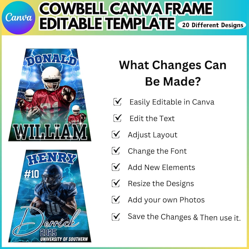 May include: A Canva editable template with 20 different designs. The template features two football player designs with the names "Donald" and "Henry". The template allows users to edit text, adjust layouts, change fonts, and add photos.