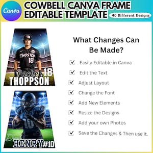 May include: A Canva template with a cowbell theme, featuring editable designs. The template includes two sports player images and text that reads "What Changes Can Be Made?" and "Easily Editable in Canva".