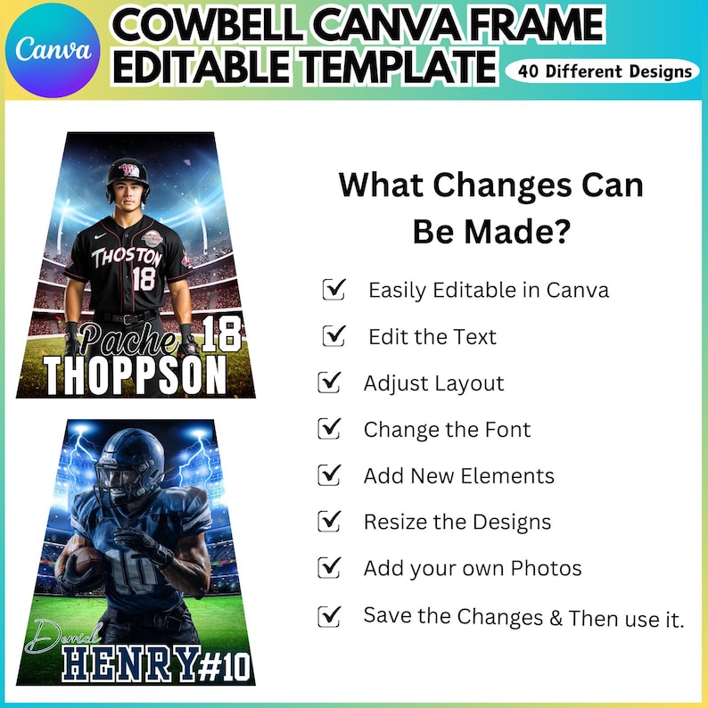 May include: A Canva template with a cowbell theme, featuring editable designs. The template includes two sports player images and text that reads "What Changes Can Be Made?" and "Easily Editable in Canva".