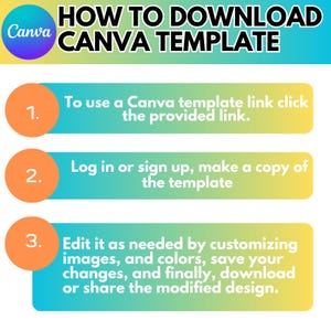 May include: A three-step guide on how to download a Canva template. The steps are numbered 1, 2, and 3. Each step is written in black text on a colorful background. Step 1 is on a yellow background, step 2 is on a green background, and step 3 is on a blue background.