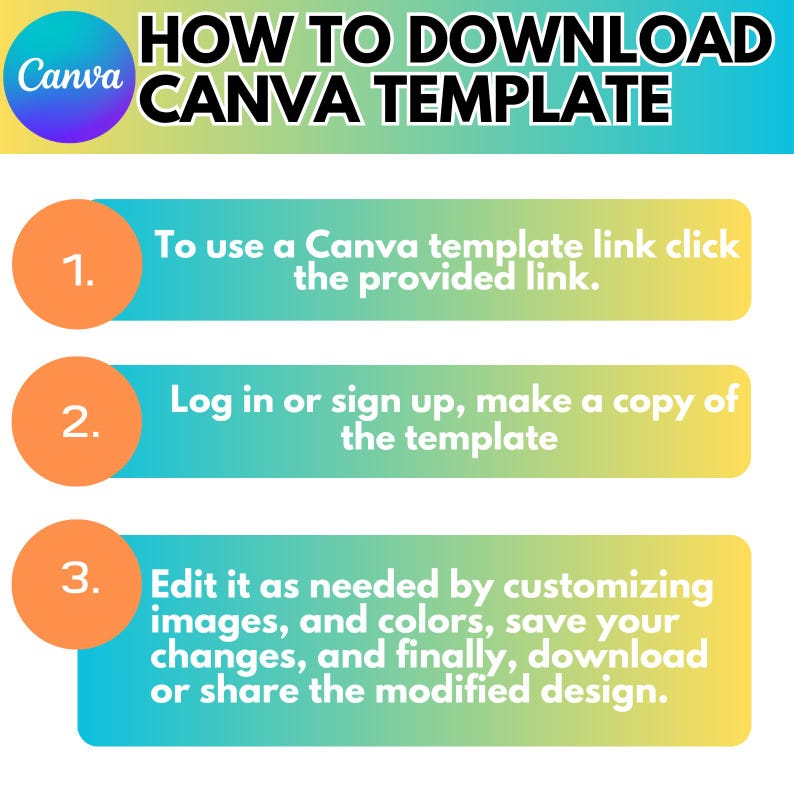 May include: A three-step guide on how to download a Canva template. The steps are numbered 1, 2, and 3. Each step is written in black text on a colorful background. Step 1 is on a yellow background, step 2 is on a green background, and step 3 is on a blue background.