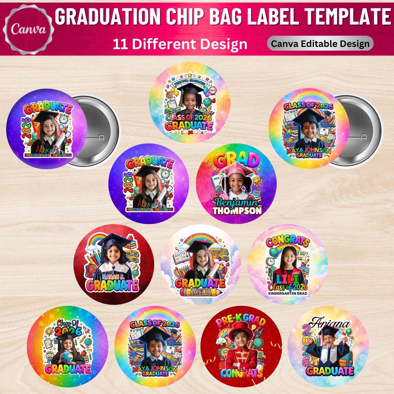 Grad Button Template 10 Pre-k & Kindergarten Graduation Pin Button Templates | Editable ...