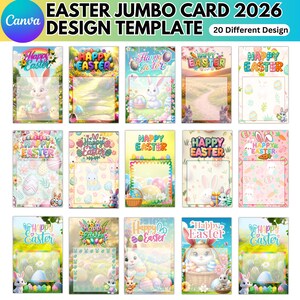 May include: A collection of 20 Easter jumbo card design templates. Each card features colorful illustrations of Easter bunnies, eggs, and floral elements. The cards have the text "Happy Easter" in various fonts and styles. The Canva logo is in the upper left corner.