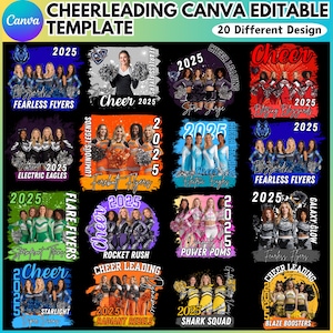 May include: A Canva template featuring 20 different cheerleading designs. Each design includes a team name, the year 2025, and a group of cheerleaders. The designs are in various colors and styles, with text that reads "CHEERLEADING CANVA EDITABLE TEMPLATE".