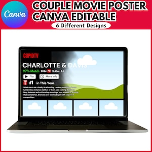 May include: A laptop screen displaying a movie poster for "Charlotte & Davis" on the streaming service CupidTV. The poster features a green hill with a white cloud and the text "97% Match 2024 PG 1h 45m 5.1". The poster also includes the text "#1 in This Year" and a description of the movie.