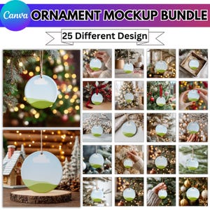 Op de afbeelding: Een mockup-bundel met 25 verschillende ornamentontwerpen. De ornamenten zijn rond met een blauwe lucht en een groen landschap. De tekst luidt "Canva ORNAMENT MOCKUP BUNDLE" en "25 Different Design".