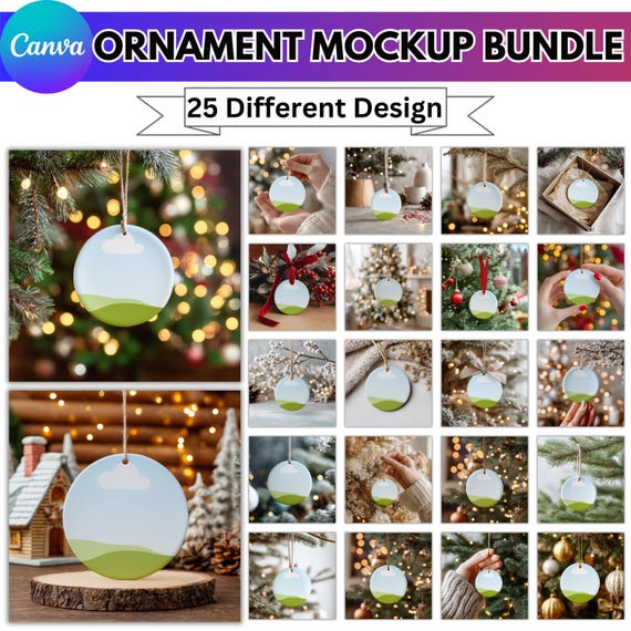 Ornament Mockup Canva Editable Bundle, Ceramic Round Heart Star Snowflake Ornament Mockups, Canva Drag & Drop  Printify Templates