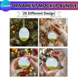 May include: Ornament mockup bundle featuring 25 different designs. The image showcases four different ornaments with a landscape design of a blue sky, white cloud, and green hills. The ornaments are hanging on a string.